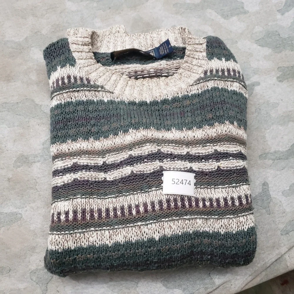 Vintage Crossings Sweater Mens Large Green Striped Pullover 3D Knit Grandpa Core